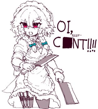 1girl anger_vein angry black_thighhighs blue_bow bow braid braided_sidelocks censored censored_text commentary cowboy_shot dagger double-parted_bangs dual_wielding english_commentary english_text frilled_skirt frills gloves hair_between_eyes hair_bow highres holding holding_knife izayoi_sakuya knife knife_sheath maid_headdress medium_sidelocks messy_hair monochrome open_mouth profanity puffy_short_sleeves puffy_sleeves rampa93 red_eyes sheath shirt short_hair short_sleeves shouting simple_background skirt solo spot_color thigh_sheath thigh_strap thighhighs touhou vest weapon white_background white_hair zettai_ryouiki