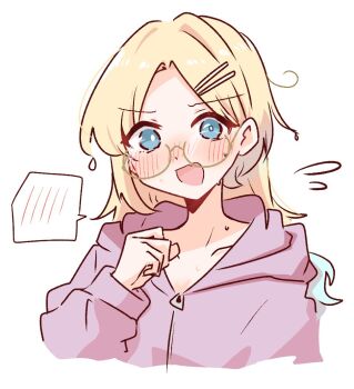 1girl :d anyoji_hime blush borrowed_clothes breasts brown-framed_eyewear cleavage clenched_hand collarbone commentary_request flying_sweatdrops glasses hood hood_down hooded_jacket jacket link!_like!_love_live! looking_at_viewer love_live! momiji_(moj_0404) naked_jacket nervous_sweating nose_blush open_mouth osawa_rurino semi-rimless_eyewear small_breasts smile solo spoken_blush sweat under-rim_eyewear virtual_youtuber