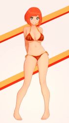 1girl 3d animated anna_anon arms_behind_back bare_legs bare_shoulders barefoot bikini black_eyes blinking blunt_bangs blunt_ends bob_cut breasts bright_pupils cleavage feet female_focus full_body grin halter_top_bikini halterneck highres koikatsu_(medium) large_breasts looking_at_viewer looping_animation mature_female mcdonald&#039;s mother_(yoru_mac) navel orange_hair pigeon-toed product_girl red_bikini short_hair side-tie_bikini_bottom simple_background smile solo standing swaying swimsuit teeth thighs toes video white_pupils yoru_mac