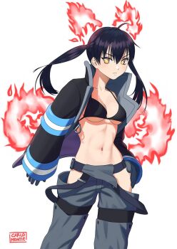 1girl artist_name aura black_bra black_hair black_jacket bra breasts carlo_montie closed_mouth commentary en&#039;en_no_shouboutai feet_out_of_frame firefighter_jacket grey_pants hand_on_own_hip jacket long_hair looking_at_viewer medium_breasts navel open_clothes open_jacket pants simple_background solo stomach symbol-only_commentary tamaki_kotatsu twintails underwear white_background yellow_eyes