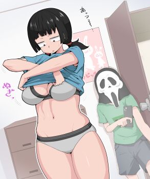 1boy 1girl absurdres assha_(schector) black_hair blue_shirt blunt_bangs bra breasts brown_eyes cleavage commentary_request cosplay cowboy_shot door drawer dutch_angle ghostface ghostface_(cosplay) green_shirt grey_bra grey_panties grey_shorts highres indoors jimiko large_breasts looking_at_another low_twintails mask masked medium_hair navel open_door open_mouth original panties phone poster_(object) scream_(movie) shirt shorts trembling twintails underwear undressing