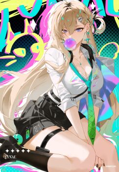 1girl aqua_necktie black_nails black_shoes black_skirt black_socks blonde_hair blowing_bubble_gum braid braided_bangs chewing_gum commentary earrings gang_g gradient_necktie graffiti hair_ornament hashtag-only_commentary highres jewelry lynae_(wuthering_waves) multicolored_eyes necktie pleated_skirt shirt_tucked_in shoes sitting skirt skull_hair_ornament socks solo star_(symbol) star_earrings thighs wuthering_waves