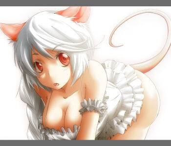 Rule 34 | 1girl, animal ears, ao usagi, breasts, cleavage, female focus, fictional persona, letterboxed, long hair, mouse ears, mouse tail, original, red eyes, self-portrait, shiro nezumi, solo, tail