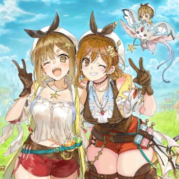 3girls :d ;d atelier_(series) atelier_ryza atelier_ryza_1 atelier_ryza_2 atelier_ryza_3 bare_shoulders belt beret black_choker black_ribbon blue_sky blush blush_stickers braid breasts bright_pupils brown_belt brown_eyes brown_gloves brown_hair brown_vest chibi chibi_inset choker cleavage collarbone commentary_request cowboy_shot crown_braid day flying gloves grin hair_between_eyes hair_ornament hair_ribbon hairclip hand_up happy hat highres jewelry large_breasts leaning_forward looking_at_viewer matcha_desu medium_hair midriff multiple_girls multiple_persona navel necklace one_eye_closed open_mouth outdoors red_shorts reisalin_stout ribbon shirt short_sleeves shorts sky smile standing star_(symbol) star_necklace teeth thighs upper_teeth_only v vest white_hat white_pupils white_shirt x_hair_ornament yellow_vest