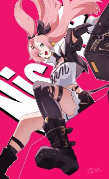 1girl absurdres asymmetrical_legwear black_boots black_jacket black_ribbon black_shorts black_thighhighs boots breasts briefcase character_name commentary cropped_jacket earrings floating_hair from_below fur-trimmed_shorts fur_trim green_eyes hair_ribbon heart heart_earrings highres holding holding_briefcase jacket jewelry large_breasts long_hair mole mole_on_breast nicole_demara open_clothes open_jacket open_mouth outline pink_background pink_hair ribbon short_shorts shorts single_thighhigh sitting solo strapless thigh_strap thighhighs torn_clothes torn_thighhighs tube_top white_outline white_tube_top zenless_zone_zero zeroartwo