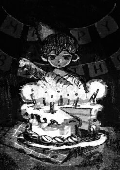 1boy 9twoeight animated animated_gif birthday_cake black_eyes black_hair cake candle closed_mouth colored_skin double-parted_bangs english_text expressionless food hair_between_eyes happy_birthday hat highres holding holding_knife knife male_focus omori omori_(omori) party_hat short_hair solo something_(omori) white_skin