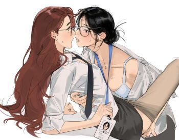 2girls black_hair black_necktie black_pantyhose black_skirt bra brown_hair clothes_pull commentary english_commentary fingering genderswap genderswap_(mtf) gift_art glasses grey_pantyhose hair_bun hand_on_another&#039;s_waist haotmeal id_card lanyard long_hair mole mole_above_mouth mole_under_eye multiple_girls necktie open_mouth pantyhose pantyhose_pull real_life shirt skirt sung_han-bin sweat underwear white_bra white_shirt yuri zerobaseone zhang_hao