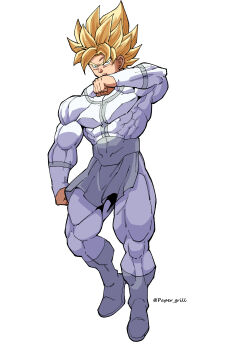 Rule 34 | 1boy, absurdres, blonde hair, bodysuit, commentary request, dragon ball, dragonball z, grey bodysuit, highres, invincible (series), korean commentary, male focus, multicolored bodysuit, solo, son goku, super saiyan, super saiyan 1, superhero costume, two-tone bodysuit, viltrumite, viltrumite clothes, white bodystocking, white bodysuit, yubusushi