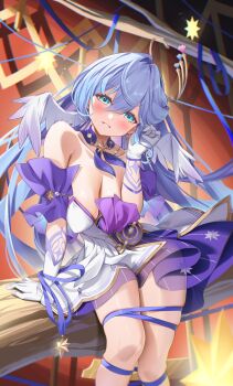 1girl aqua_eyes arm_support bare_shoulders blue_hair bound breasts collarbone detached_collar dress feet_out_of_frame floating_hair gloves hair_between_eyes halo hand_up head_wings highres hino_kagutsuki honkai:_star_rail honkai_(series) leaning_to_the_side long_hair looking_at_viewer low_neckline parted_lips playing_with_own_hair purple_dress purple_ribbon ribbon robin_(honkai:_star_rail) sitting_on_branch solo tied_up_(nonsexual) two-tone_dress white_dress white_gloves white_wings wings