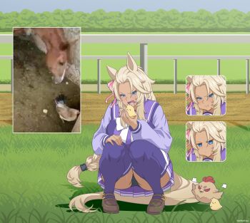 1girl absurdres animal animal_ears artist_name baby_animal bird blonde_hair blue_eyes blush breasts chick chicken commentary commission dot_nose eating english_commentary fence full_body grass highres horse horse_ears horse_girl horse_tail imminent_eating large_breasts loafers long_hair long_sleeves open_mouth original outdoors panties pantyshot photo-referenced photo_inset pout running_track school_uniform senketsu05 shoes solo_focus squatting tail tan tracen_school_uniform tree umamusume underwear