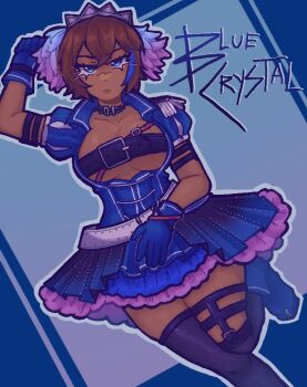 1girl belt belt_bra belt_collar black_belt blue_boots blue_dress blue_eyes blue_gloves blue_streaks blue_theme boots breasts brown_hair cleavage closed_mouth collar commentary dark_skin dress english_commentary english_text expressionless frilled_dress frills gloves hair_between_eyes large_breasts leg_up looking_at_viewer meiko_(blue_crystal)_(vocaloid) meiko_(vocaloid) mewmewvampire project_diva_(series) project_diva_f puffy_short_sleeves puffy_sleeves short_hair short_sleeves solo spiked_tiara thighhighs vocaloid white_belt