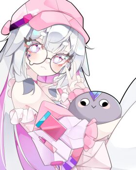 Rule 34 | 1girl, :<, absurdres, berrychan00, blush, colored inner hair, grey hair, hashtag-only commentary, hat, highres, hololive, hololive english, koseki bijou, long hair, looking at viewer, multicolored hair, off shoulder, pebble (koseki bijou), pink hair, pink hat, purple eyes, round eyewear, simple background, solo, teardrop-framed glasses, v, virtual youtuber, white background