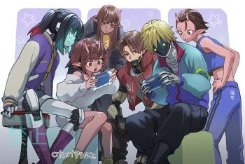 3boys 3girls antennae blonde_hair bob_cut brown_hair colored_skin cyborg daidouji_akane drinking drinking_straw ear_piercing glowing green_eyes grin handheld_game_console hands_on_own_hips indesign iwao_kanata jacket kujo_chiharu kurt_cramer kurusu_makina_(milky_galactic_universe) letterman_jacket long_hair looking_at_another max_mccalister midriff milky_galactic_universe milky_subway multicolored_hair multiple_boys multiple_girls no_mouth open_mouth parted_bangs piercing pink_skin pointy_ears sitting smile sweater twintails twitter_username vest watermark windbreaker