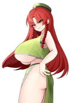 1girl absurdres ass_peek braid breasts commentary from_side green_eyes green_hat green_shirt green_skirt hat highres hong_meiling huge_breasts long_hair looking_at_viewer no_panties red_hair shinonome_zakuro shirt side_braids side_slit simple_background skirt sleeveless sleeveless_shirt smile solo touhou underboob white_background