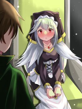 1boy 1girl amulet black_dress black_veil blush breast_padding brown_hair cape clenched_hands collarbone dress eris_(konosuba) frilled_dress frilled_skirt frills green_cape hair_ornament hands_on_lap highres jewelry kono_subarashii_sekai_ni_shukufuku_wo! light_particles long_hair looking_at_another looking_at_viewer nun open_mouth red_eyes satou_kazuma sitting_on_throne skirt throne veil very_long_hair white_dress white_hair yellow_trim zakiwo_(rrxn8224)