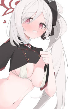 1girl absurdres alternate_breast_size_(larger) areola_slip blue_archive blush breasts chinese_commentary commentary_request gu_meng_yin halo highres long_hair medium_breasts mutsuki_(blue_archive) side_ponytail simple_background solo variant_set white_background