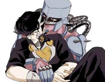 Rule 34 | 1boy, 1other, anchor symbol, bandaged arm, bandaged head, bandages, bandaid, bandaid on arm, bandaid on face, bandaid on nose, black coat, black hair, black pants, coat, collared coat, commentary request, crazy diamond, diamond wa kudakenai, gauze, gauze on cheek, heart, higashikata josuke, highres, injury, jojo no kimyou na bouken, male focus, pants, peace symbol, pompadour, red eyes, simple background, spikes, stand (jojo), tears, white background, zu okr