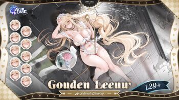 1girl apron artist_request azur_lane bare_legs barefoot blonde_hair blush breasts commentary copyright_name elf english_commentary gouden_leeuw_(an_intimate_cleaning)_(azur_lane) gouden_leeuw_(azur_lane) hair_between_eyes highres holding huge_breasts light_smile long_hair looking_at_viewer lying maid_apron mole mole_under_eye multiple_expressions navel nearly_naked_apron official_art on_back parted_lips pointy_ears pubic_tattoo purple_eyes solo tattoo tile_floor tiles very_long_hair white_apron