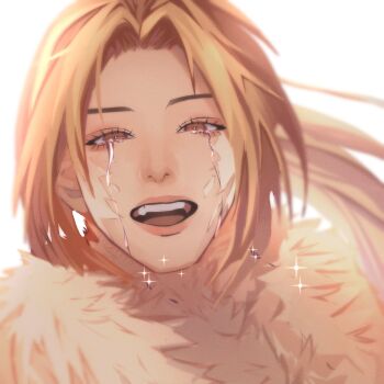 1girl blonde_hair broken_skin brown_eyes crying crying_with_eyes_open curtained_hair fur_collar half-closed_eyes highres jozllie looking_at_viewer official_alternate_costume omniscient_reader&#039;s_viewpoint open_mouth ponytail shin_yoosung sidelocks solo sparkle tears teeth upper_teeth_only wind
