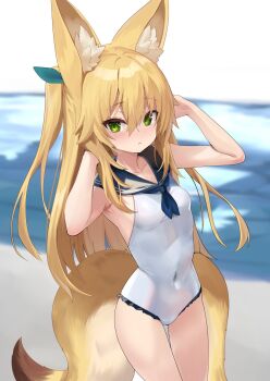 Rule 34 | 1girl, animal ear fluff, animal ears, armpits, arms behind head, bare arms, bare legs, blonde hair, blush, breasts, collarbone, covered navel, cowboy shot, day, fox ears, fox girl, fox tail, green eyes, hair between eyes, highres, kokonoe tsubaki, long hair, ocean, one-piece swimsuit, original, outdoors, parted lips, small breasts, solo, standing, swimsuit, tail, thighs, very long hair, yoshizawa tsubaki