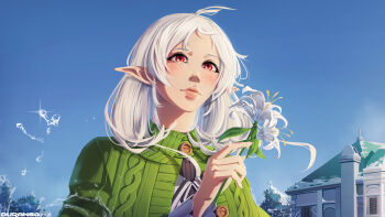 1girl absurdres ahoge building durango-dg elf flower highres holding holding_flower house looking_ahead mushoku_tensei outdoors pointy_ears red_eyes solo sylphiette_(mushoku_tensei) tree water white_flower white_hair