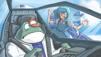 1girl against_glass blue_eyes blue_hair bow cheek_squash cirno crossover frog hair_bow hat highres nintendo pilot piloting profitwalrus slippy_toad snowflakes star_fox steam touhou wings
