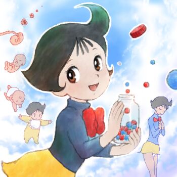 1girl baby bib black_hair blue_shirt blue_sky bottle bow bowtie brown_eyes candy child closed_mouth cloud commentary embryo fetus food fushigi_na_merumo hands_up holding holding_bottle looking_to_the_side lowres merumo miniskirt multiple_views onesie open_mouth panties pill pill_bottle red_bow red_bowtie sakai_yume shirt short_hair skirt sky smile standing toddler turtleneck turtleneck_shirt undersized_clothes underwear walking white_panties yellow_skirt