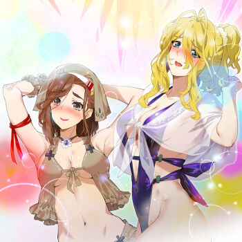 2girls alternate_hairstyle antenna_hair arm_ribbon arms_behind_head babydoll bikini blonde_hair blue_eyes blush breasts brown_bikini brown_hair capelet commentary_request covered_navel hair_between_eyes headscarf large_breasts lens_flare long_hair looking_at_viewer ma-sa medium_hair messy_hair michaela_(tonsuki) multiple_girls nose_blush one-piece_swimsuit open_mouth parted_bangs partial_commentary plunging_neckline ponytail purple_one-piece_swimsuit receptionist_(tonsuki) red_lips revealing_clothes ribbon see-through_capelet see-through_clothes sideless_swimsuit sidelocks smile stomach swimsuit tondemo_skill_de_isekai_hourou_meshi