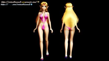 1girl 3d animated ass ass_shake barefoot bikini blonde_hair blue_eyes bouncing_breasts breasts butt_crack cleavage elf feet highres jiggle large_breasts legs long_hair looking_at_viewer multiple_views navel nintendo pink_bikini pointy_ears princess princess_zelda smile solo swimsuit tagme the_legend_of_zelda thighs video virtuablueam2 walking