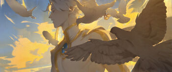 1boy a_dumbling absurdres animal bird closed_eyes commentary dove highres male_focus nice_(to_be_hero_x) open_mouth short_hair sky solo teeth to_be_hero to_be_hero_x upper_body white_hair