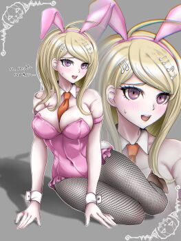 1girl :d ahoge akamatsu_kaede animal_ears bare_shoulders blonde_hair blush breasts cleavage covered_navel danganronpa_(series) danganronpa_v3:_killing_harmony detached_collar fake_animal_ears fishnet_pantyhose fishnets fortissimo hair_ornament highres large_breasts leotard long_hair moon_(moon0771110) musical_note musical_note_hair_ornament necktie open_mouth orange_necktie pantyhose pink_eyes pink_leotard smile sweatdrop zoom_layer