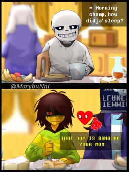 1boy 2girls 2others anger_vein angry artist_name bloodshot_eyes blurry blurry_background brown_hair butter cereal_box commentary deltarune dress english_commentary english_text food fork furry furry_female glaring heart highres jacket kitchen kris_(deltarune) medium_hair microwave mmiklshaek morning_after multiple_girls multiple_others pancake plate pointing red_eyes sans_(undertale) shirt short_hair skeleton smile smug soul_(deltarune) striped_clothes susie_(deltarune) syrup t-shirt table temmie toriel twitter_username utdr_(toby_fox)