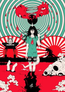 Rule 34 | 1girl, black hair, blood, chupacabra, commentary request, crazy smile, fine art parody, heart (organ), highres, hitodama, holding, holding syringe, horns, hyottoko mask, limited palette, lizard tail, long hair, nihonga, parody, red eyes, rising sun flag, shirt, shorts, single horn, smile, sunburst, surreal, syringe, syringe holster, tail, tenkajin chiyari, torii, touhou, ukiyo-e, wading, water, wide-eyed, xiangyun, yamada satoshi