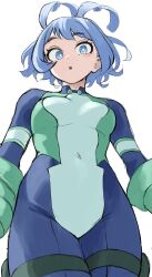 Rule 34 | 1girl, :o, blue bodysuit, blue eyes, blue hair, bodysuit, boku no hero academia, drill hair, fengling (furin-jp), from below, green bodysuit, hadou nejire, highres, looking at viewer, multicolored bodysuit, multicolored clothes, official alternate hair length, official alternate hairstyle, open mouth, short hair, simple background, solo, thigh strap, twin drills, unfinished, white background