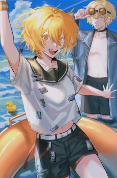 1boy 1girl adjusting_eyewear alternate_costume black_choker blonde_hair blue_jacket choker collarbone couple cowboy_shot day don_quixote_(project_moon) eyewear_on_head fushimi_arata hand_up hetero highres inflatable_armbands jacket limbus_company looking_at_viewer midriff midriff_peek molar_boatworks_(identity)_(project_moon) navel ocean open_clothes open_jacket open_mouth outdoors pectorals project_moon rubber_duck sailor_collar shirt short_hair short_sleeves shorts sinclair_(project_moon) sky upper_body white_shirt yellow_eyes