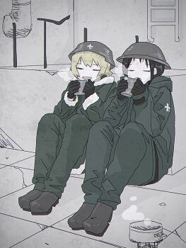 2girls bilingual_commentary black_gloves black_hair blonde_hair brodie_helmet brown_shoes chito_(shoujo_shuumatsu_ryokou) closed_eyes coat combat_helmet commentary cooking_pot cup english_commentary full_body fur-trimmed_coat fur-trimmed_sleeves fur_trim gloves green_coat green_pants hashtag-only_commentary helmet highres holding holding_cup hot_drink indoors industrial_pipe jacket knees_up ladder military_jacket military_uniform mixed-language_commentary multiple_girls open_mouth pants portable_stove rebar ruins shoes shoujo_shuumatsu_ryokou sitting stahlhelm steam tile_floor tiles winter_clothes yugense yuuri_(shoujo_shuumatsu_ryokou)