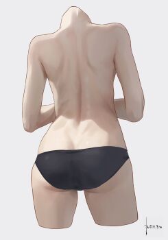 1girl ass bani-lizo black_panties commentary cowboy_shot cropped_legs facing_away from_behind grey_background hashtag-only_commentary highres original panties signature simple_background solo standing topless_female underwear underwear_only