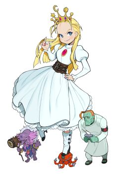 Rule 34 | 1girl, 2boys, armored warriors, blonde hair, blue eyes, boots, capcom, colored skin, controller, cyberbots, devilot de deathsatan ix, dr stein, dress, fang, forehead, full body, green skin, hair slicked back, hand on own hip, highres, holding, jigoku daishi, long hair, long sleeves, multiple boys, nail polish, puffy sleeves, purple skin, remote control, simple background, super-8, tiara, transparent background, white background, white dress