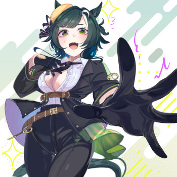 1girl :d animal_ears belt black_gloves black_jacket black_necktie black_pants breasts brown_belt center_frills center_opening cleavage collared_shirt commentary_request cosplay dot_nose doushi_tatsu_to_dekkai_no fang frilled_shirt frills fuji_kiseki_(shooting_star_revue)_(umamusume) fuji_kiseki_(umamusume) fuji_kiseki_(umamusume)_(cosplay) gloves green_eyes green_hair hat highres horse_ears horse_girl horse_tail jacket kiseki_(umamusume) large_breasts long_sleeves looking_at_viewer multicolored_hair necktie no_bra open_mouth pants shirt short_hair simple_background smile solo tail umamusume white_hair white_shirt