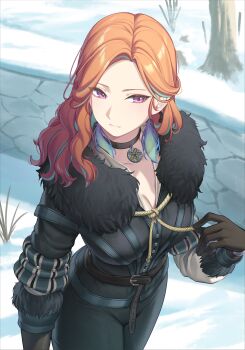 1girl absurdres breasts choker cleavage cosplay earrings feather_earrings feathers fur_trim gloves highres hololive hololive_english jewelry long_hair orange_hair purple_eyes resu_desu solo takanashi_kiara the_witcher_(series) the_witcher_3 virtual_youtuber yennefer_of_vengerberg yennefer_of_vengerberg_(cosplay)