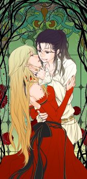 2girls black_eyes black_hair blonde_hair blood blood_on_clothes blood_on_face breasts commentary dress earrings english_commentary gradient_hair halloween hand_around_waist hand_up highres jewelry long_hair looking_at_another lynn_wiles_(pulse) mel_sievers_(pulse) multicolored_hair multiple_girls official_art plant pulse_(ratana_satis) ratana_satis red_dress ring second-party_source shirt smile vines white_shirt yuri