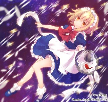 1girl apron blonde_hair blue_dress bow cup danmaku dress four-pointed_star frown gradient_background highres knees maid maid_apron maid_headdress mary_janes medium_hair motion_blur mugetsu_(touhou) orange_eyes purple_background red_background red_bow ribbon shoes short_sleeves solo spilling teacup teapot torii_sumi touhou touhou_(pc-98) tray white_ribbon