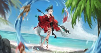 Rule 34 | 1girl, absurdres, aqua gloves, aqua hat, arknights, bare legs, barefoot, beach, chinese commentary, commentary, dress, fish, gloves, hat, highres, holding, holding staff, jacket, lany-yuyu-1097, long hair, looking at viewer, ocean, red dress, red eyes, red jacket, skadi (arknights), solo, staff, white hair, wide sleeves, witch hat