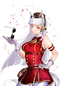 1girl animal_ears arczumi bare_shoulders blunt_bangs breasts brown_hat commentary contrapposto cowboy_shot dress elbow_gloves falling_petals framed_breasts gloves gold_ship_(red_strife)_(umamusume) gold_ship_(umamusume) grin hand_on_own_hip hat highres holding holding_removed_eyewear horse_ears horse_girl horse_tail long_hair looking_at_viewer medium_breasts o-ring pantyhose petals pillbox_hat pink_eyes pleated_dress red_dress short_dress simple_background sleeveless sleeveless_dress smile solo standing strap sunglasses tail umamusume unworn_eyewear watermark white_background white_gloves white_hair white_pantyhose white_tail