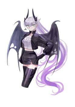 bat_wings black_thighhighs breasts collarbone demon_horns earrings fate/grand_order fate_(series) gradient_hair green_eyes hand_on_own_hip highres horns ichimichi_111 jewelry large_breasts lilith_(fate) lilith_(over_the_same_sky)_(fate) looking_at_viewer multicolored_hair neck_tattoo pencil_skirt pink_hair ponytail single_earring skirt tattoo thighhighs white_hair wings