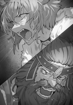 2boys animal_ears beard blood blood_from_mouth choker close-up constricted_pupils danmachi_eiyuutan_argonaut dungeon_ni_deai_wo_motomeru_no_wa_machigatteiru_darou_ka dwarf facial_hair fangs forehead_protector full_beard galmus_(danmachi) greyscale highres kakage male_focus monochrome multiple_boys novel_illustration official_art open_mouth short_hair third-party_source wolf_boy wolf_ears yuri_(danmachi)