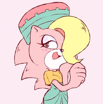 1girl adventures_of_sonic_the_hedgehog animal_nose black_eyes blonde_hair blue_eyeshadow blush body_fur capelet clenched_hand dress eyeshadow female_focus flat_chest flat_color furry furry_female green_dress green_hat hair_over_one_eye half-closed_eyes hand_on_own_cheek hand_on_own_face hands_up happy hat highres long_hair looking_at_viewer makeup multicolored_hair one_eye_covered open_mouth orange_capelet penelope_(sonic) pink_background pink_fur pink_hair short_hair sideways_mouth simple_background smile solo sonic_(series) spiked_hair standing stellarspin two-tone_fur two-tone_hair upper_body white_fur