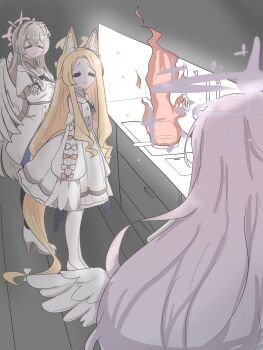 3girls angel_wings animal_ear_fluff animal_ears black_neckerchief blonde_hair blue_archive blush brown_hair commentary cross_halo detached_sleeves dress ear_wreath feathered_wings fire flower fox_ears fox_girl frying_pan hair_flower hair_ornament halo highres long_hair long_sleeves low_wings mika_(blue_archive) multiple_girls nagisa_(blue_archive) neckerchief pb_515 pink_hair pink_halo seia_(blue_archive) sleeves_past_fingers sleeves_past_wrists smile untranslatable_commentary white_dress white_wings wings yellow_halo