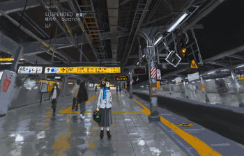 1girl absurdres airfish_(lefko_d) black_footwear black_hair blue_eyes blue_scarf chinese_commentary commentary_request grey_skirt hand_in_pocket headphones highres jacket original scarf skirt socks solo_focus subway train white_jacket white_socks