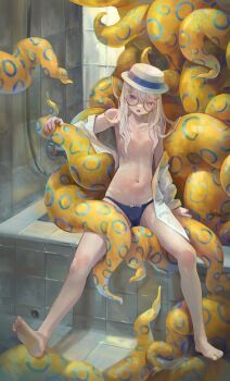 1girl absurdres bare_shoulders barefoot black_panties blonde_hair blush breasts commentary convenient_censoring english_commentary hair_ornament hairclip hat highres indoors long_hair looking_at_viewer meiyan_(boyimachao) navel open_clothes open_mouth open_shirt original panties round_eyewear shirt sitting small_breasts solo spread_legs symbol-shaped_pupils tentacles underwear white_hat white_shirt